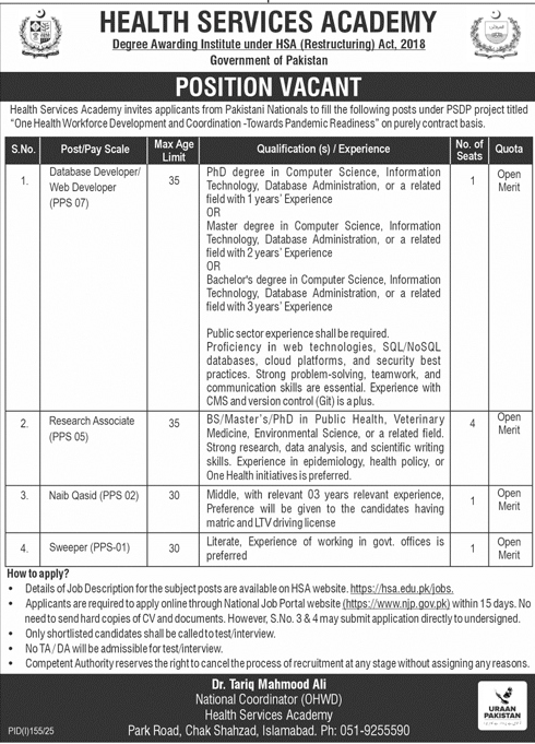 Jobs in Health Services Academy Islamabad